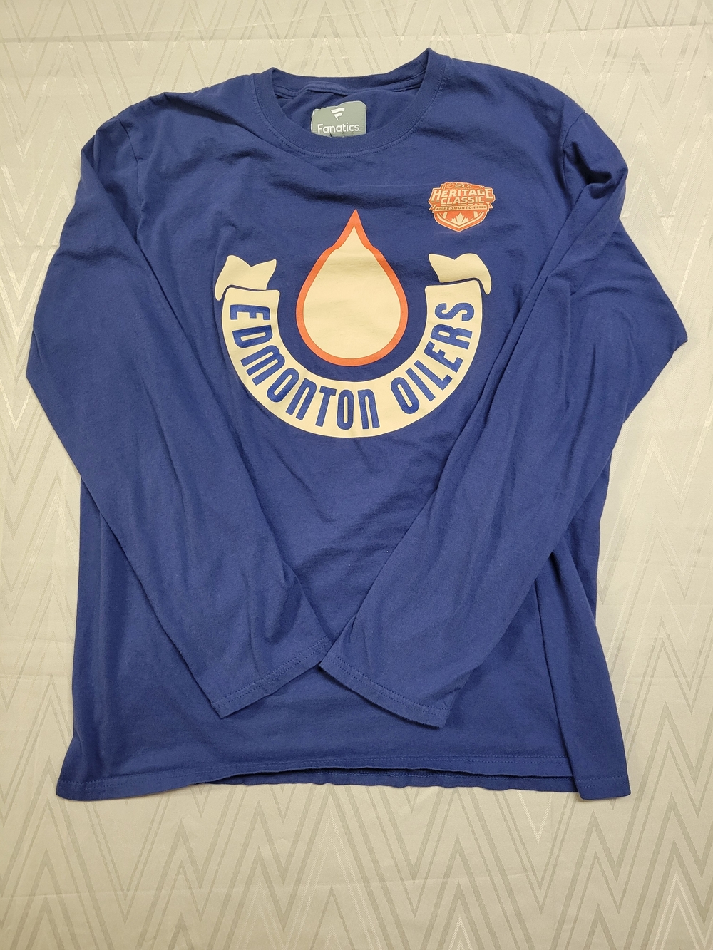 Fanatics Blue Edmonton Oilers Long Sleeve Logo Tee with Cream & Orange Accents